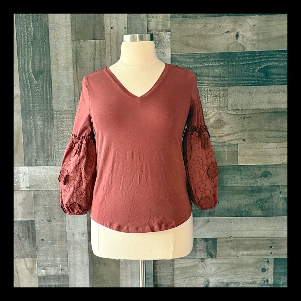 Chico's brown long sleeve top medium floral bishop sleeves dark feminine cottage